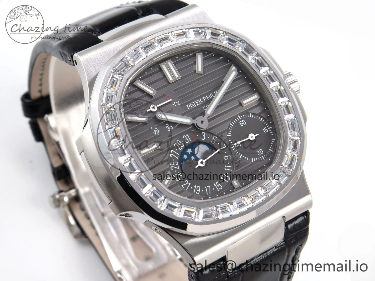 Stylish Nautilus 5712 SS PPF 1:1 Best Edition Gray Dial Diamonds Bezel on Black Leather Strap A240 Super Clone V 8698