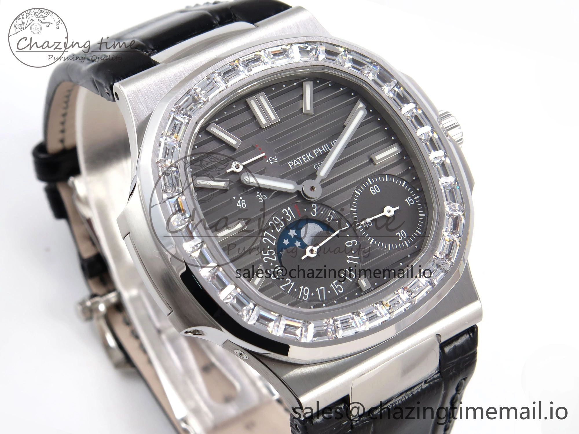 Stylish Nautilus 5712 SS PPF 1:1 Best Edition Gray Dial Diamonds Bezel on Black Leather Strap A240 Super Clone V 8698