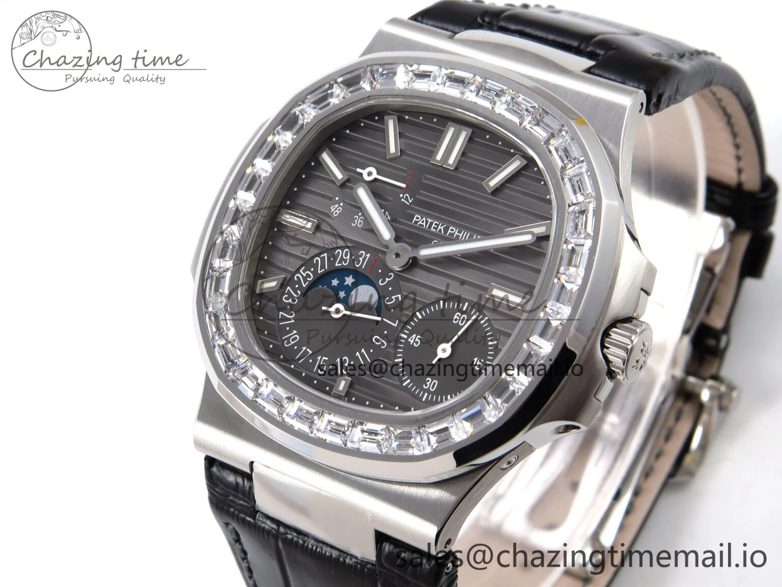 Stylish Nautilus 5712 SS PPF 1:1 Best Edition Gray Dial Diamonds Bezel on Black Leather Strap A240 Super Clone V 8698