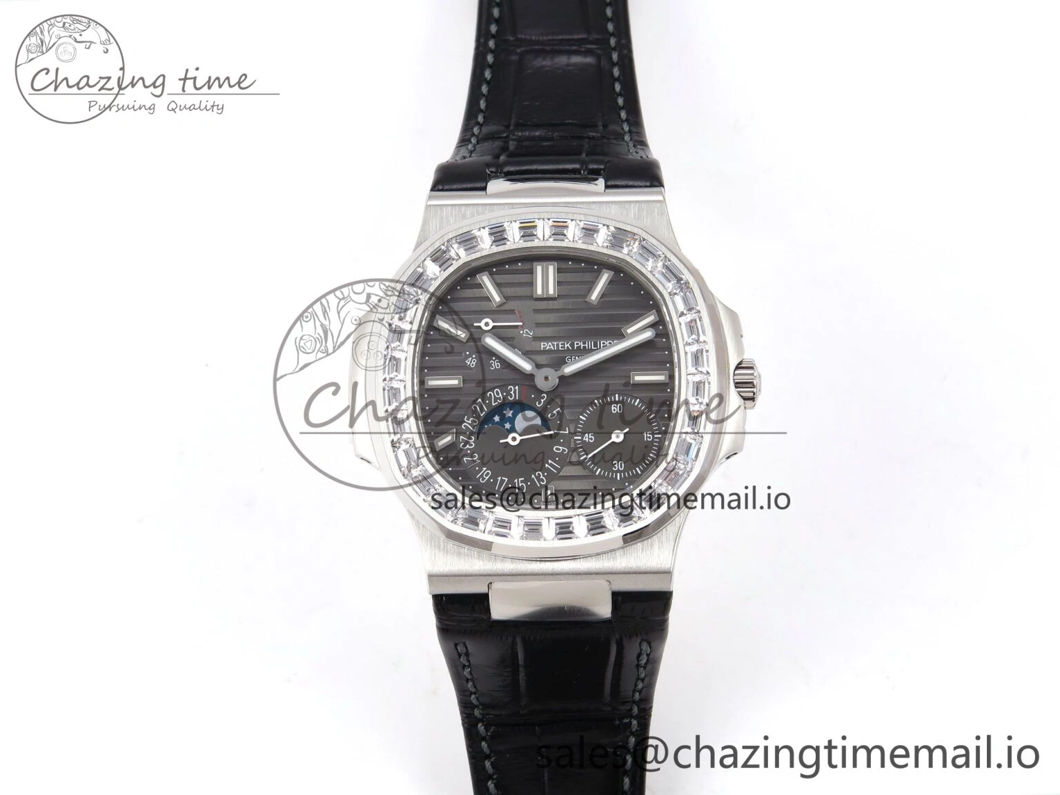 Stylish Nautilus 5712 SS PPF 1:1 Best Edition Gray Dial Diamonds Bezel on Black Leather Strap A240 Super Clone V 8698