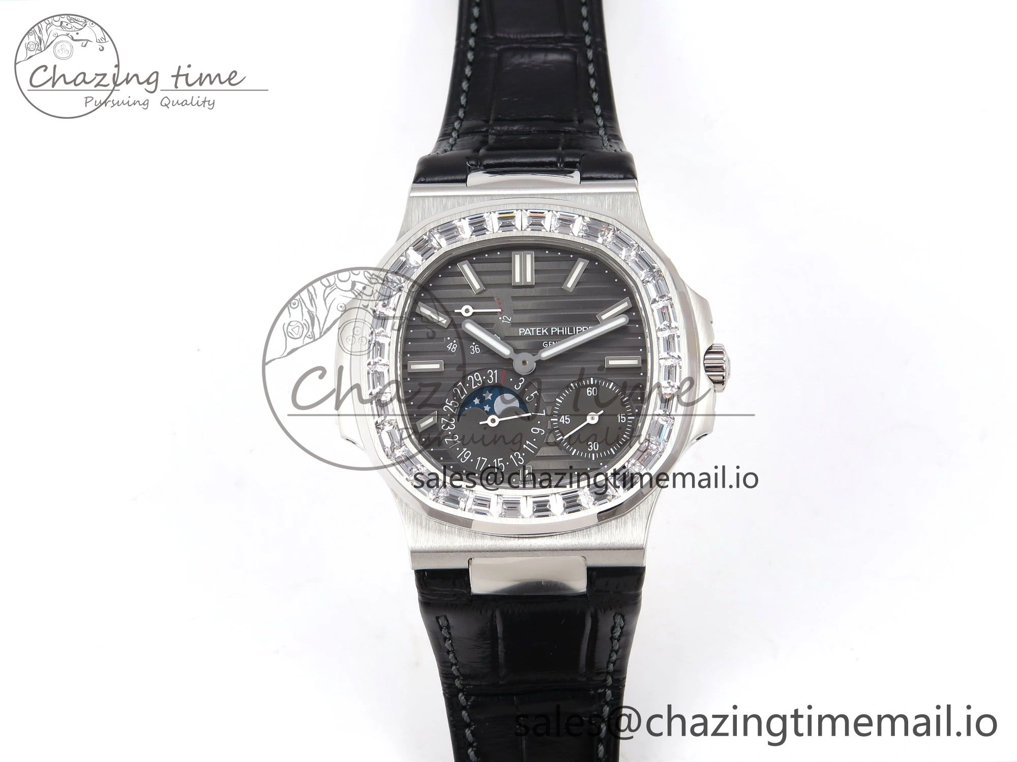 Stylish Nautilus 5712 SS PPF 1:1 Best Edition Gray Dial Diamonds Bezel on Black Leather Strap A240 Super Clone V 8698