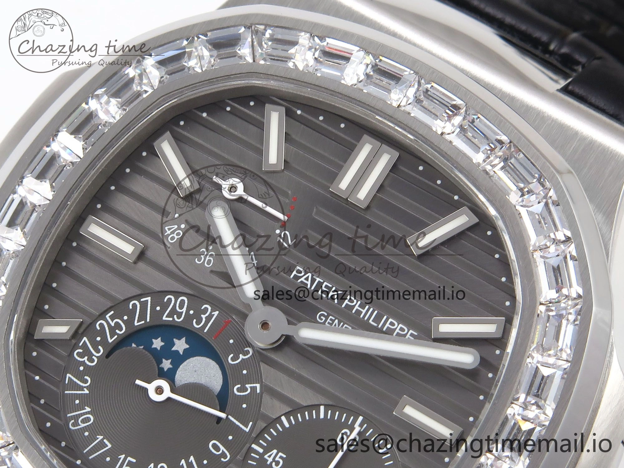 Stylish Nautilus 5712 SS PPF 1:1 Best Edition Gray Dial Diamonds Bezel on Black Leather Strap A240 Super Clone V 8698