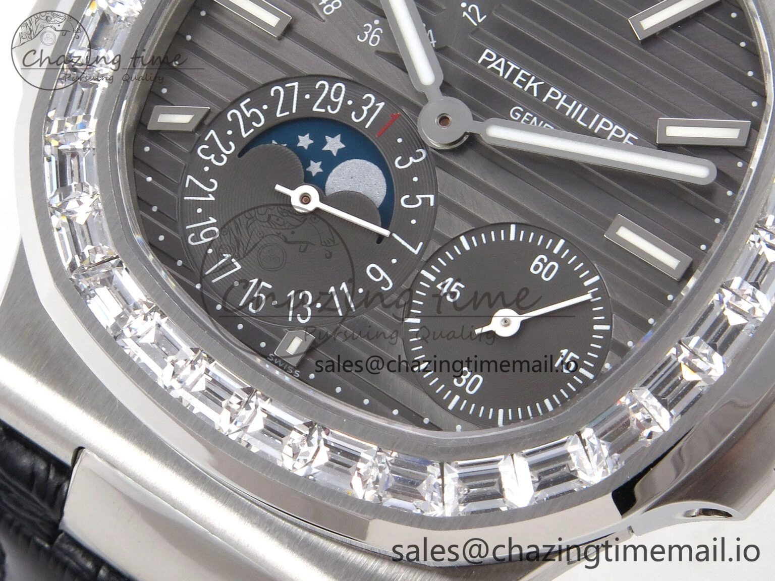 Stylish Nautilus 5712 SS PPF 1:1 Best Edition Gray Dial Diamonds Bezel on Black Leather Strap A240 Super Clone V 8698