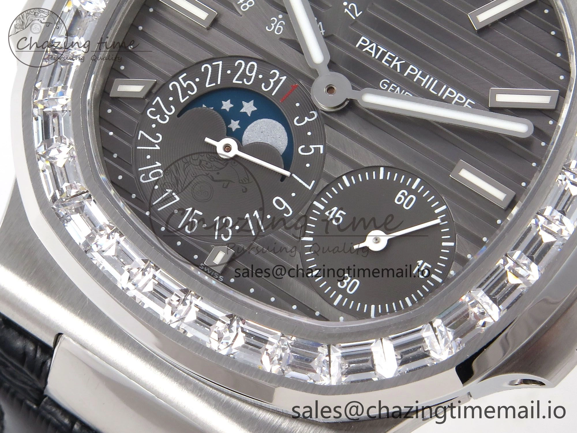Stylish Nautilus 5712 SS PPF 1:1 Best Edition Gray Dial Diamonds Bezel on Black Leather Strap A240 Super Clone V 8698