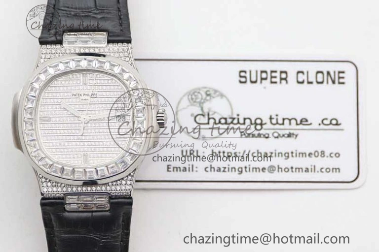 Nautilus 5719 GSF 1:1 Best Edition Full Diamonds Dial and Black Leather Strap 324CS Reliable 8794