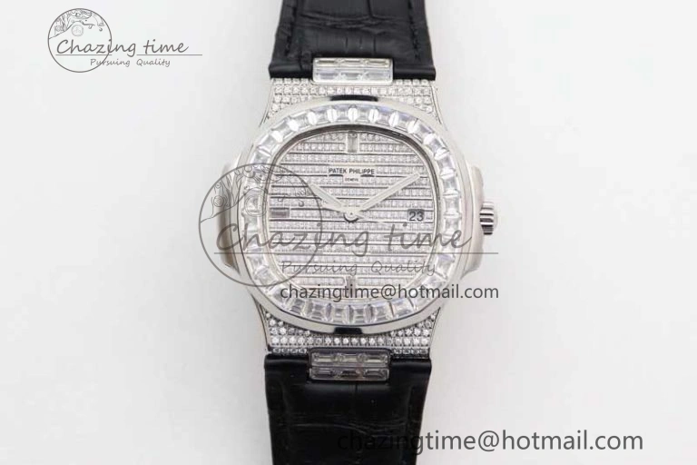 Nautilus 5719 GSF 1:1 Best Edition Full Diamonds Dial and Black Leather Strap 324CS Reliable 8794