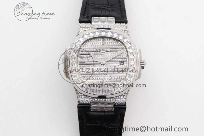 Nautilus 5719 GSF 1:1 Best Edition Full Diamonds Dial and Black Leather Strap 324CS Reliable 8794