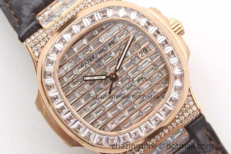 ModernLook Nautilus 5719 RG 1:1 GSF Best Edition Full Diamonds Dial and brown Leather Strap 324CS 8797
