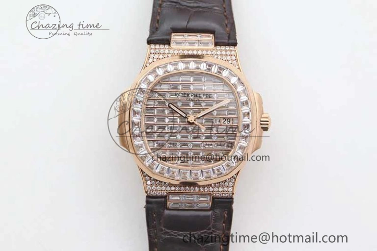 ModernLook Nautilus 5719 RG 1:1 GSF Best Edition Full Diamonds Dial and brown Leather Strap 324CS 8797