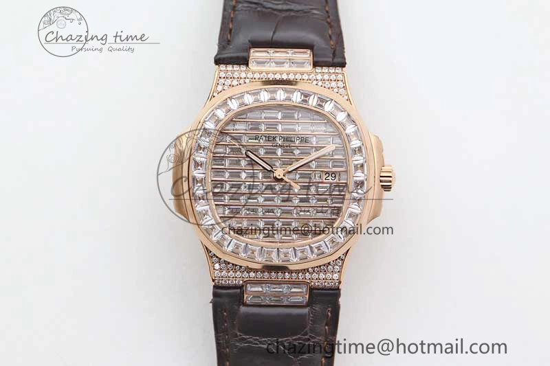 ModernLook Nautilus 5719 RG 1:1 GSF Best Edition Full Diamonds Dial and brown Leather Strap 324CS 8797