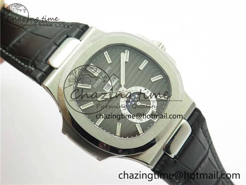 Nautilus 5726 Complicated SS GRF 1:1 Best Edition Black Textured Dial on Black Leather Strap A324 V Minimalist 8868