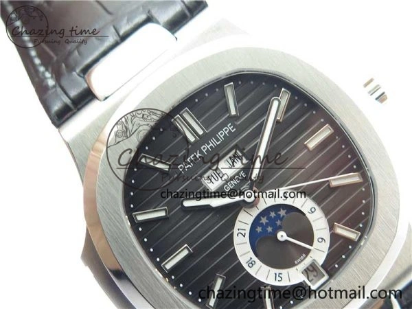 Nautilus 5726 Complicated SS GRF 1:1 Best Edition Black Textured Dial on Black Leather Strap A324 V Minimalist 8868