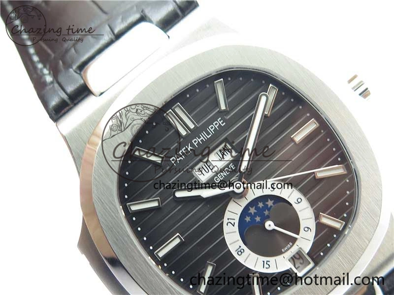 Nautilus 5726 Complicated SS GRF 1:1 Best Edition Black Textured Dial on Black Leather Strap A324 V Minimalist 8868