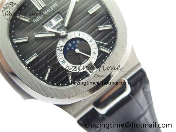 Nautilus 5726 Complicated SS GRF 1:1 Best Edition Black Textured Dial on Black Leather Strap A324 V Minimalist 8868