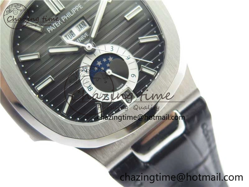 Nautilus 5726 Complicated SS GRF 1:1 Best Edition Black Textured Dial on Black Leather Strap A324 V Minimalist 8868