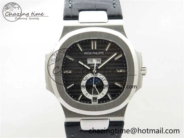 Nautilus 5726 Complicated SS GRF 1:1 Best Edition Black Textured Dial on Black Leather Strap A324 V Minimalist 8868