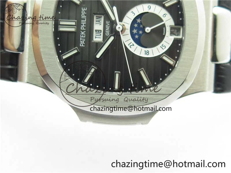 Nautilus 5726 Complicated SS GRF 1:1 Best Edition Black Textured Dial on Black Leather Strap A324 V Minimalist 8868