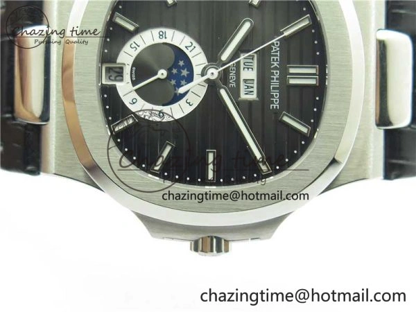 Nautilus 5726 Complicated SS GRF 1:1 Best Edition Black Textured Dial on Black Leather Strap A324 V Minimalist 8868