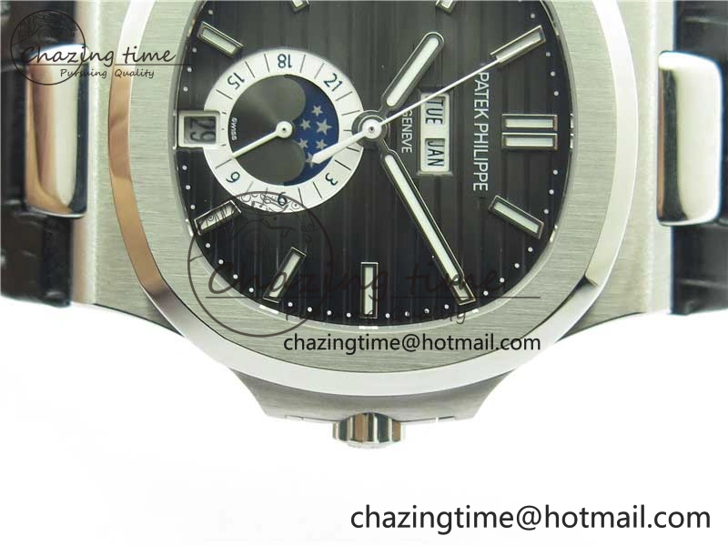 Nautilus 5726 Complicated SS GRF 1:1 Best Edition Black Textured Dial on Black Leather Strap A324 V Minimalist 8868