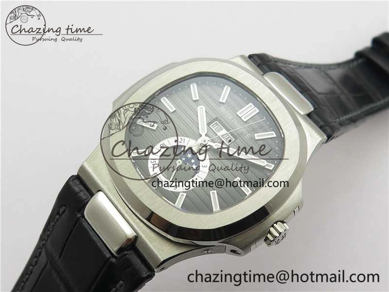 Nautilus 5726 Complicated SS GRF 1:1 Best Edition Black Textured Dial on Black Leather Strap A324 V Minimalist 8868
