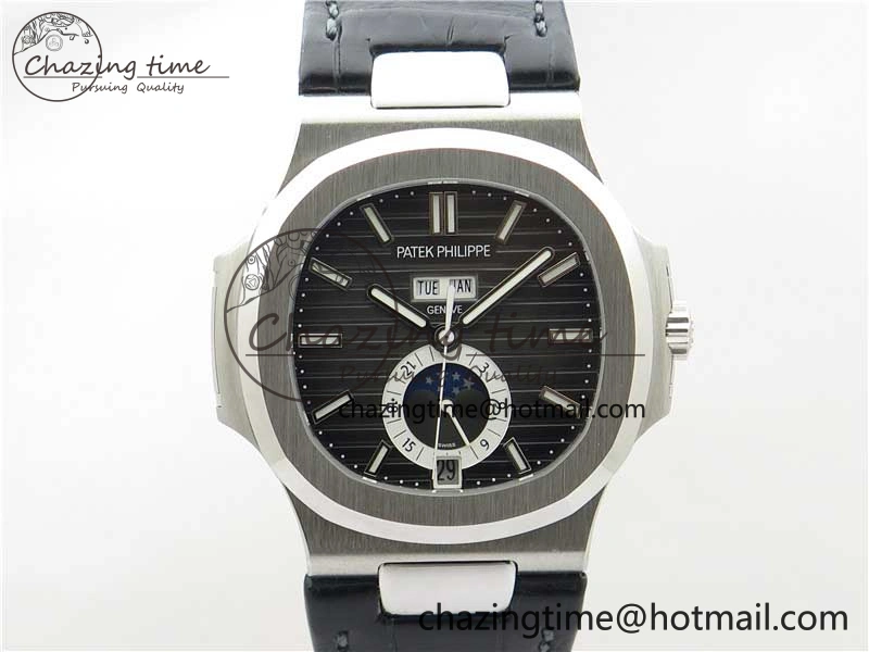 Nautilus 5726 Complicated SS GRF 1:1 Best Edition Black Textured Dial on Black Leather Strap A324 V Minimalist 8868