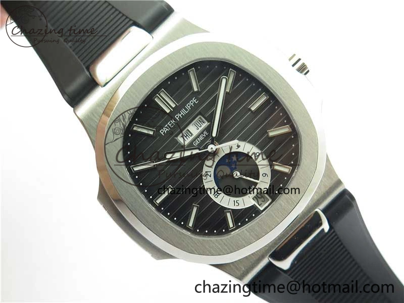 Elegant Nautilus 5726 Complicated SS GRF 1:1 Best Edition Black Textured Dial on Black Rubber Strap A324 V 8870
