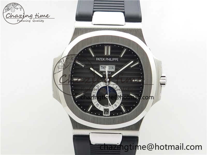 Elegant Nautilus 5726 Complicated SS GRF 1:1 Best Edition Black Textured Dial on Black Rubber Strap A324 V 8870