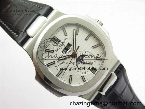 Nautilus 5726 Complicated SS GRF 1:1 Best Edition White Textured Dial on Black Leather Strap A324 V HighQuality 8867