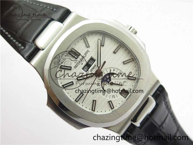 Nautilus 5726 Complicated SS GRF 1:1 Best Edition White Textured Dial on Black Leather Strap A324 V HighQuality 8867