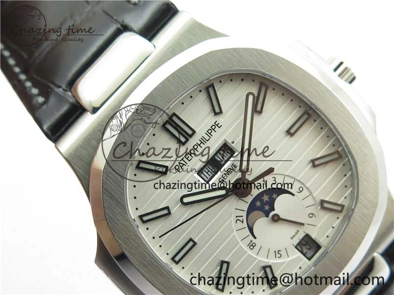 Nautilus 5726 Complicated SS GRF 1:1 Best Edition White Textured Dial on Black Leather Strap A324 V HighQuality 8867