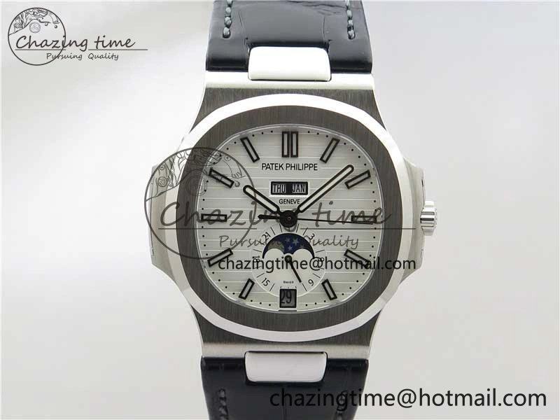 Nautilus 5726 Complicated SS GRF 1:1 Best Edition White Textured Dial on Black Leather Strap A324 V HighQuality 8867