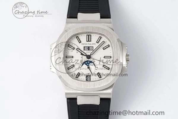 Affordable Nautilus 5726 Complicated SS PPF 1:1 Best Edition White Textured Dial on Black Rubber Strap A 8800