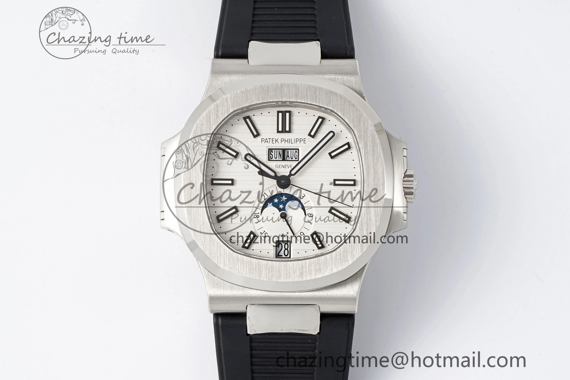 Affordable Nautilus 5726 Complicated SS PPF 1:1 Best Edition White Textured Dial on Black Rubber Strap A 8800