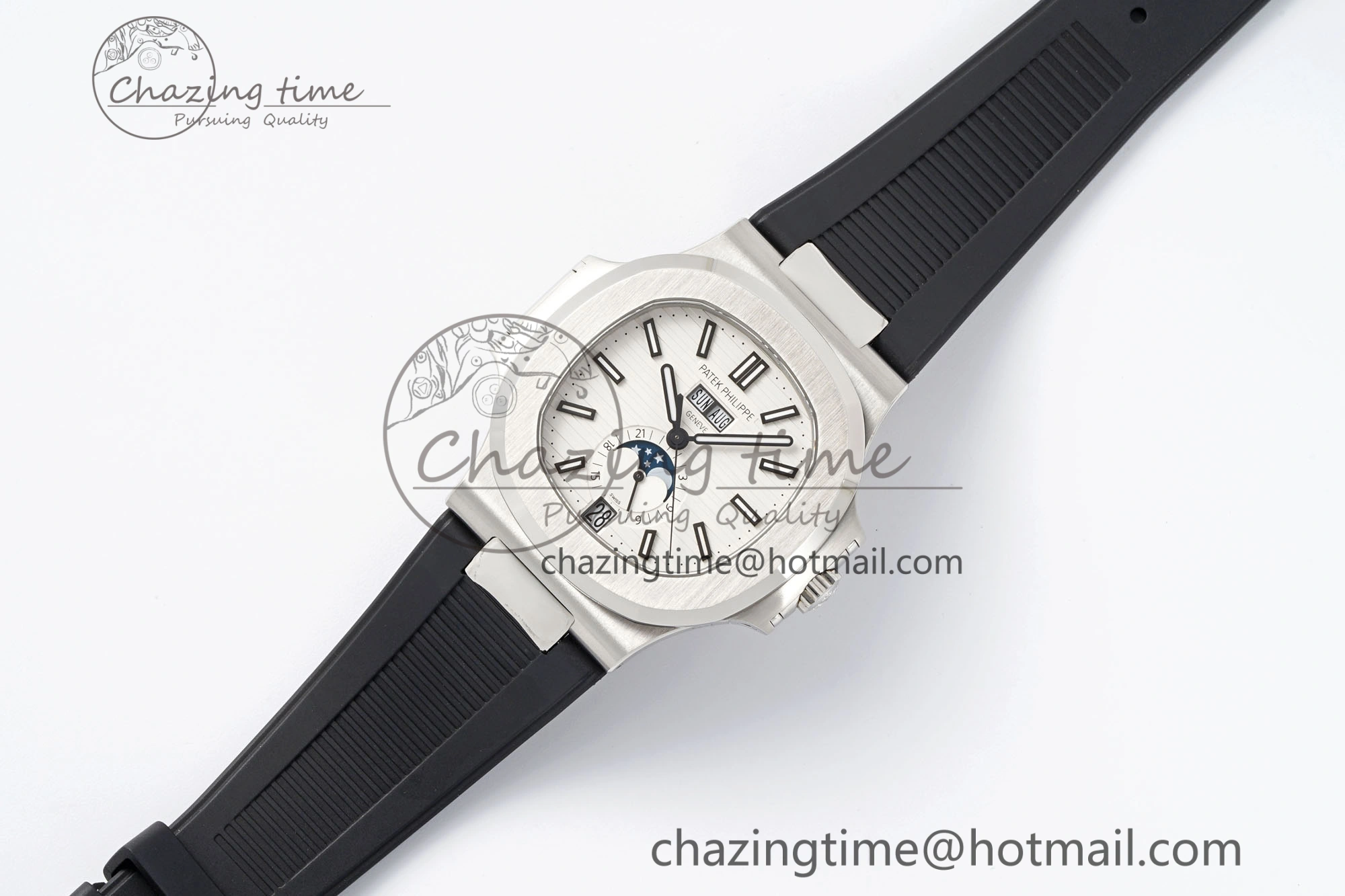 Affordable Nautilus 5726 Complicated SS PPF 1:1 Best Edition White Textured Dial on Black Rubber Strap A 8800