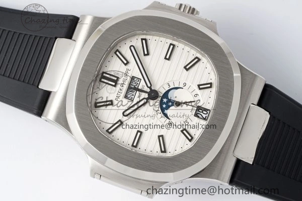 Affordable Nautilus 5726 Complicated SS PPF 1:1 Best Edition White Textured Dial on Black Rubber Strap A 8800