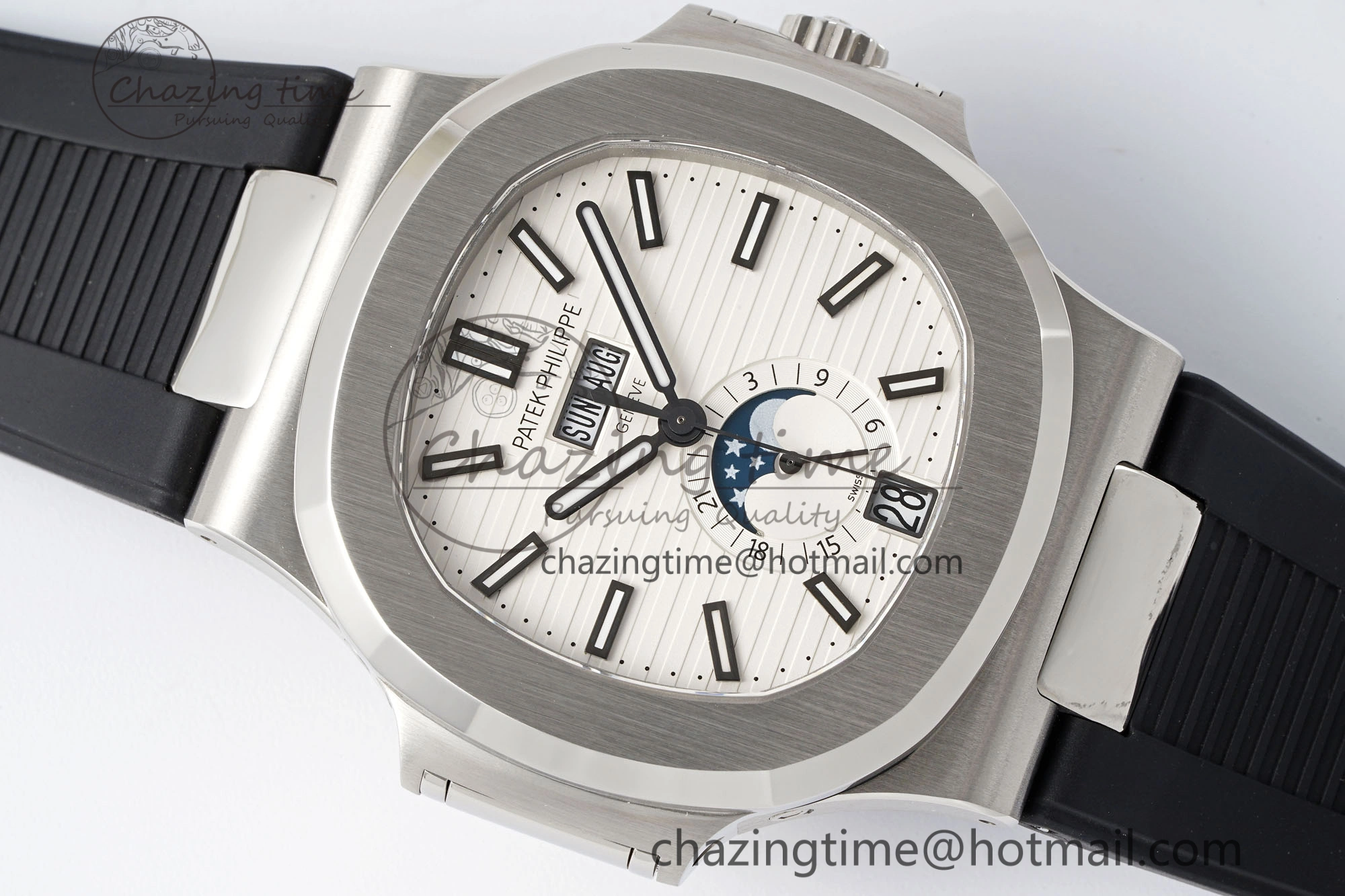 Affordable Nautilus 5726 Complicated SS PPF 1:1 Best Edition White Textured Dial on Black Rubber Strap A 8800