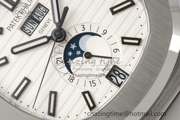Affordable Nautilus 5726 Complicated SS PPF 1:1 Best Edition White Textured Dial on Black Rubber Strap A 8800