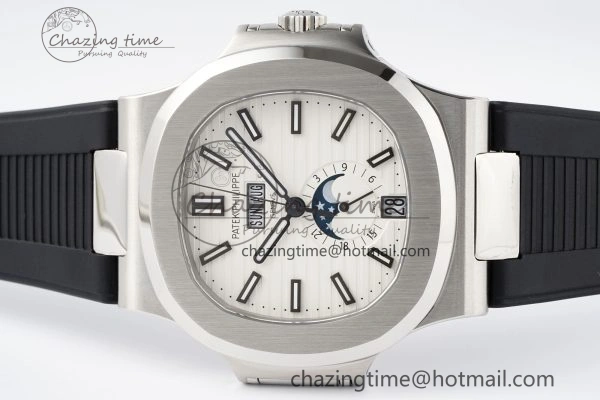 Affordable Nautilus 5726 Complicated SS PPF 1:1 Best Edition White Textured Dial on Black Rubber Strap A 8800