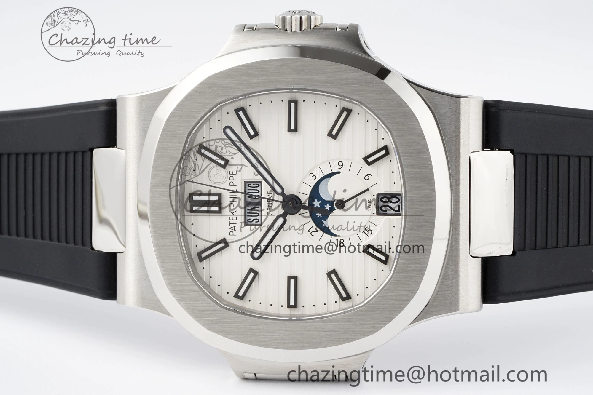 Affordable Nautilus 5726 Complicated SS PPF 1:1 Best Edition White Textured Dial on Black Rubber Strap A 8800