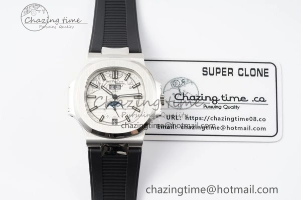 Affordable Nautilus 5726 Complicated SS PPF 1:1 Best Edition White Textured Dial on Black Rubber Strap A 8800