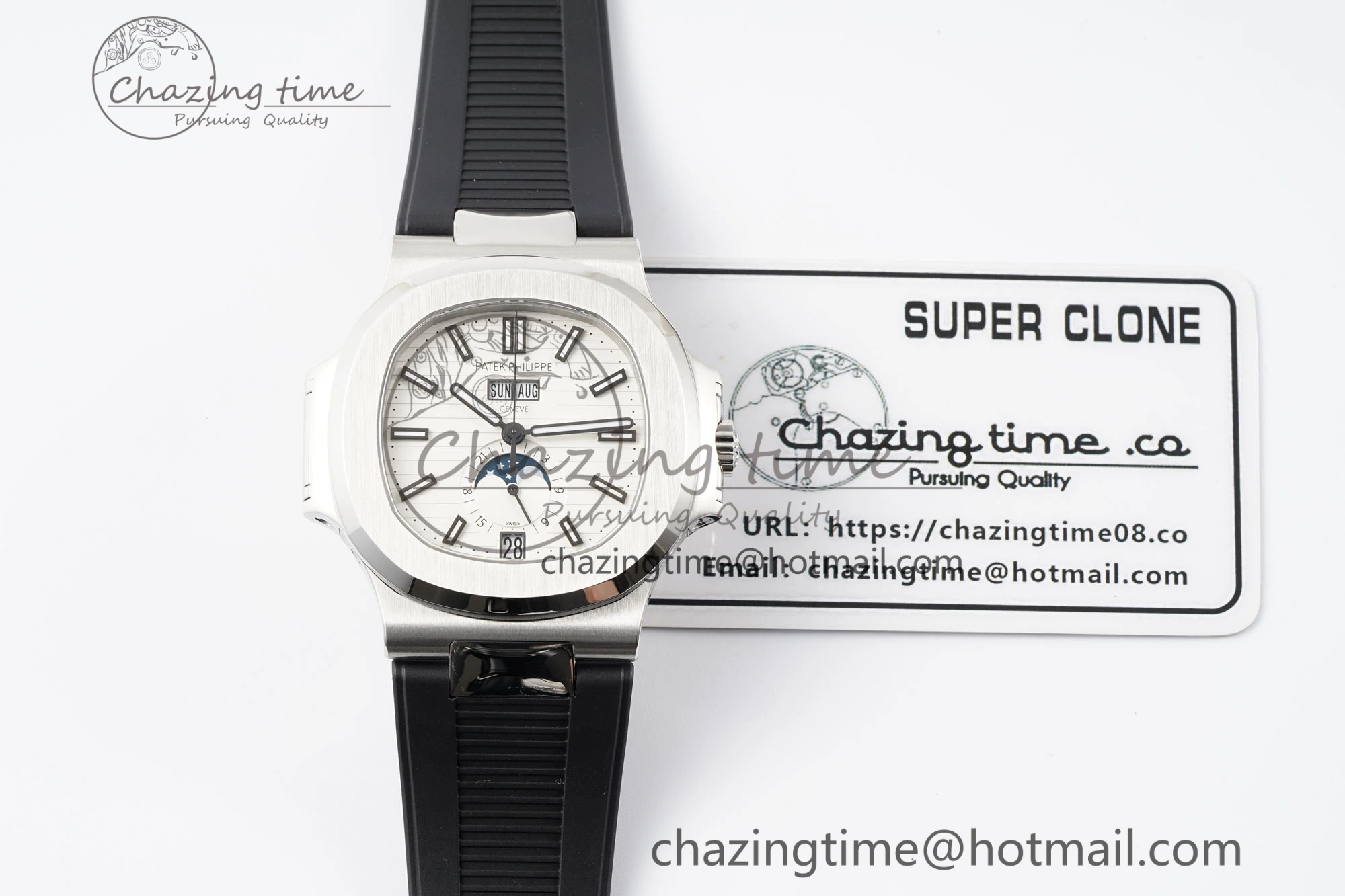 Affordable Nautilus 5726 Complicated SS PPF 1:1 Best Edition White Textured Dial on Black Rubber Strap A 8800