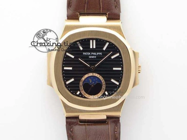 Flexible Nautilus 5726 Moonphase RG Black Dial On Brown Leather Strap A 9069