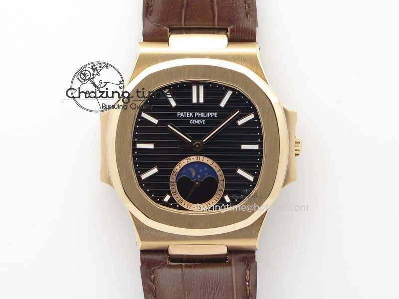 Flexible Nautilus 5726 Moonphase RG Black Dial On Brown Leather Strap A 9069