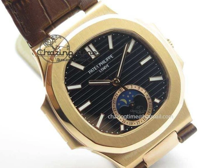 Flexible Nautilus 5726 Moonphase RG Black Dial On Brown Leather Strap A 9069