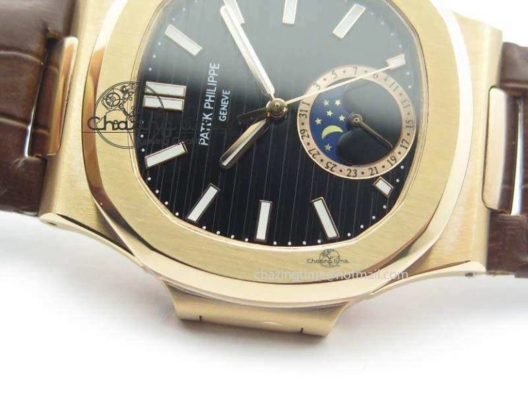 Flexible Nautilus 5726 Moonphase RG Black Dial On Brown Leather Strap A 9069