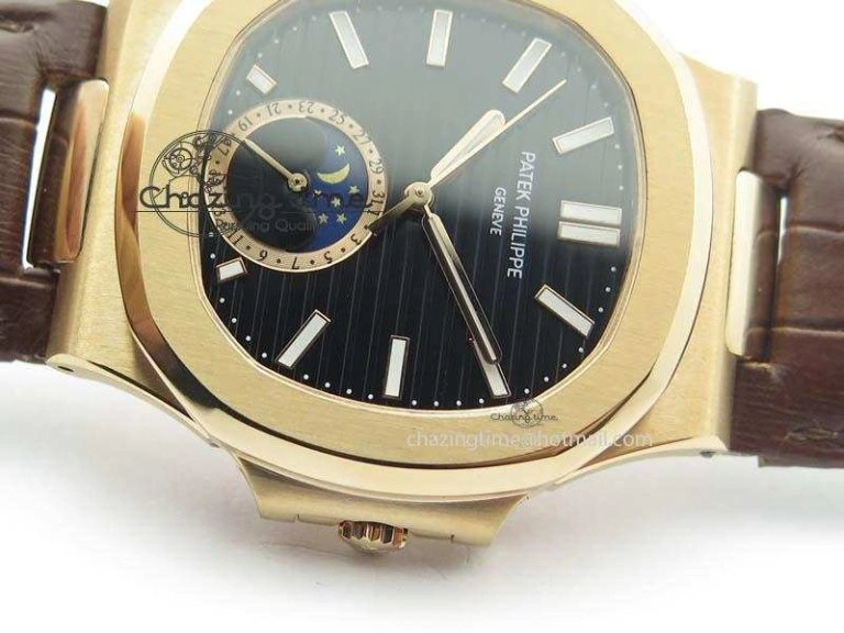 Flexible Nautilus 5726 Moonphase RG Black Dial On Brown Leather Strap A 9069