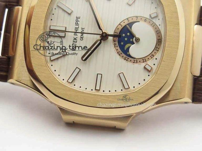 Nautilus 5726 Moonphase RG White Dial On Brown Leather Strap A SunProtective 9071