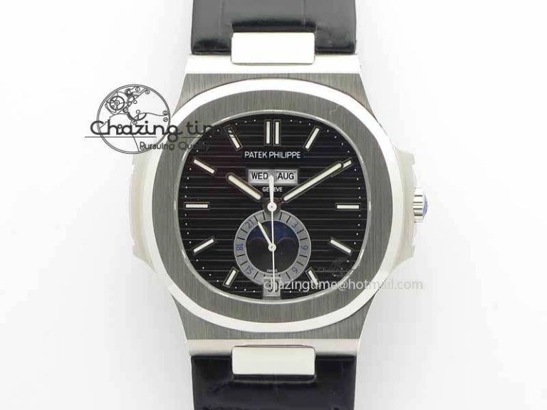 BestValue Nautilus 5726 Moonphase SS Black Textured Dial On Black Leather Strap 9055