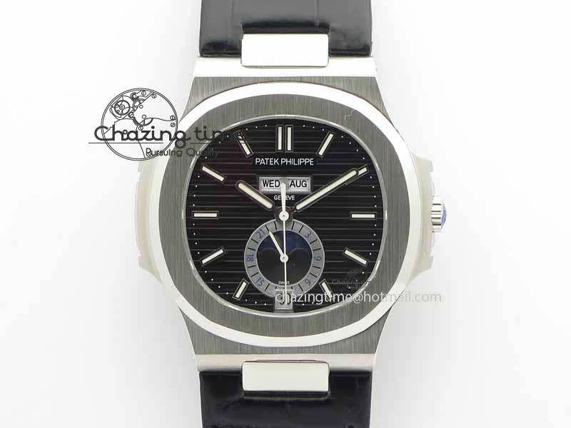 BestValue Nautilus 5726 Moonphase SS Black Textured Dial On Black Leather Strap 9055