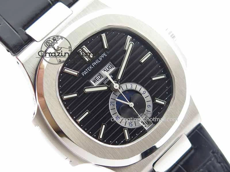 BestValue Nautilus 5726 Moonphase SS Black Textured Dial On Black Leather Strap 9055